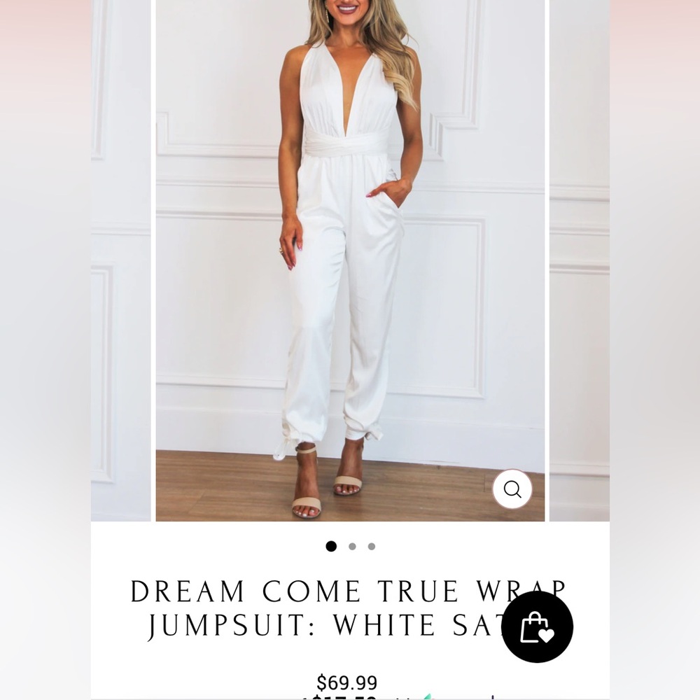 White Satin Sleeveless Jumpsuit with Plunging V-Neckline Wrap Around Waist Tie